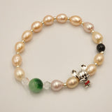 Champagne pearl bracelet, silver obsidian, jade and Charm Mickey