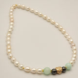 White pearl, jade and hematite necklace with Charm
