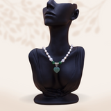 White pearl and jade necklace with aventurine heart pendant