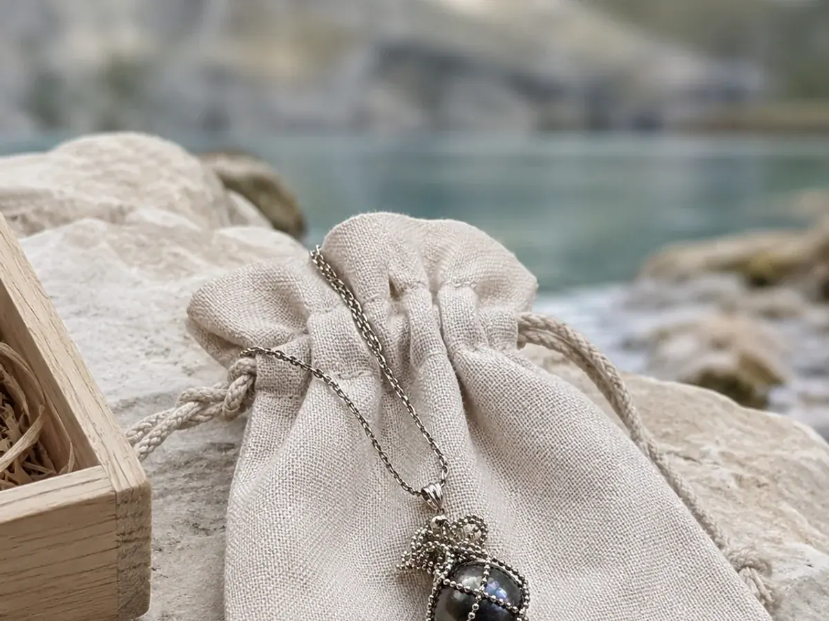 Perle dans une petite pochette en lin près d'une rivière de montagne